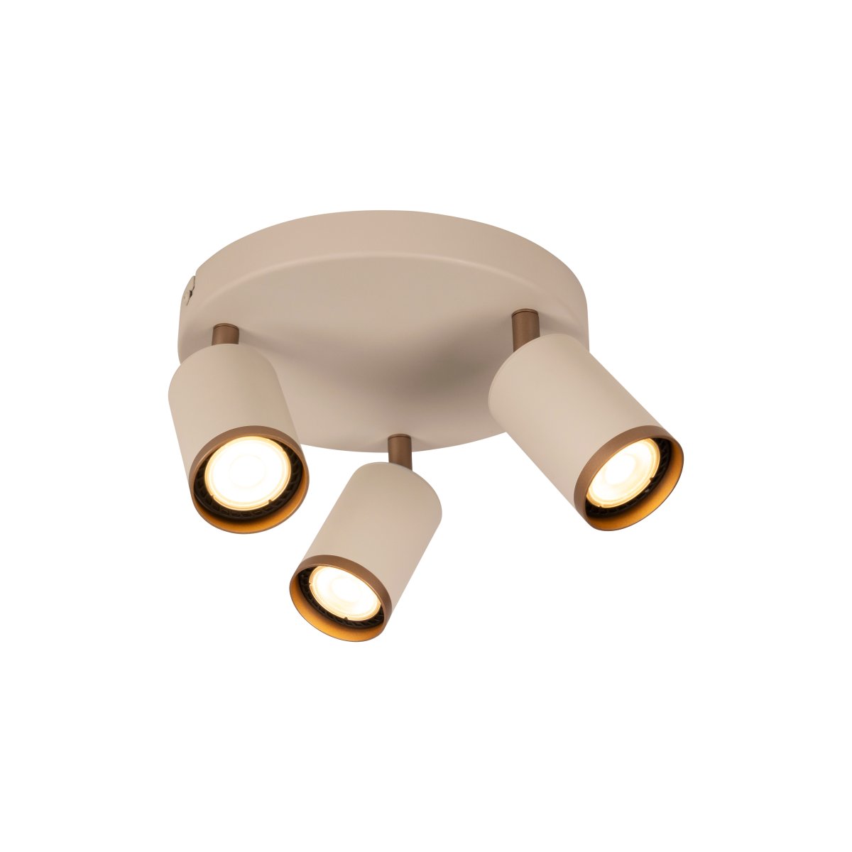 Regina 3 Taupe spot De Lucide - Le plafonnier Regina est une solution d'&eacute;clairage &eacute;l&eacute;gante et moderne en m&eacute;tal, avec une finition taupe raffin&eacute;e et des d&eacute;tails en m&eacute;tal brun.