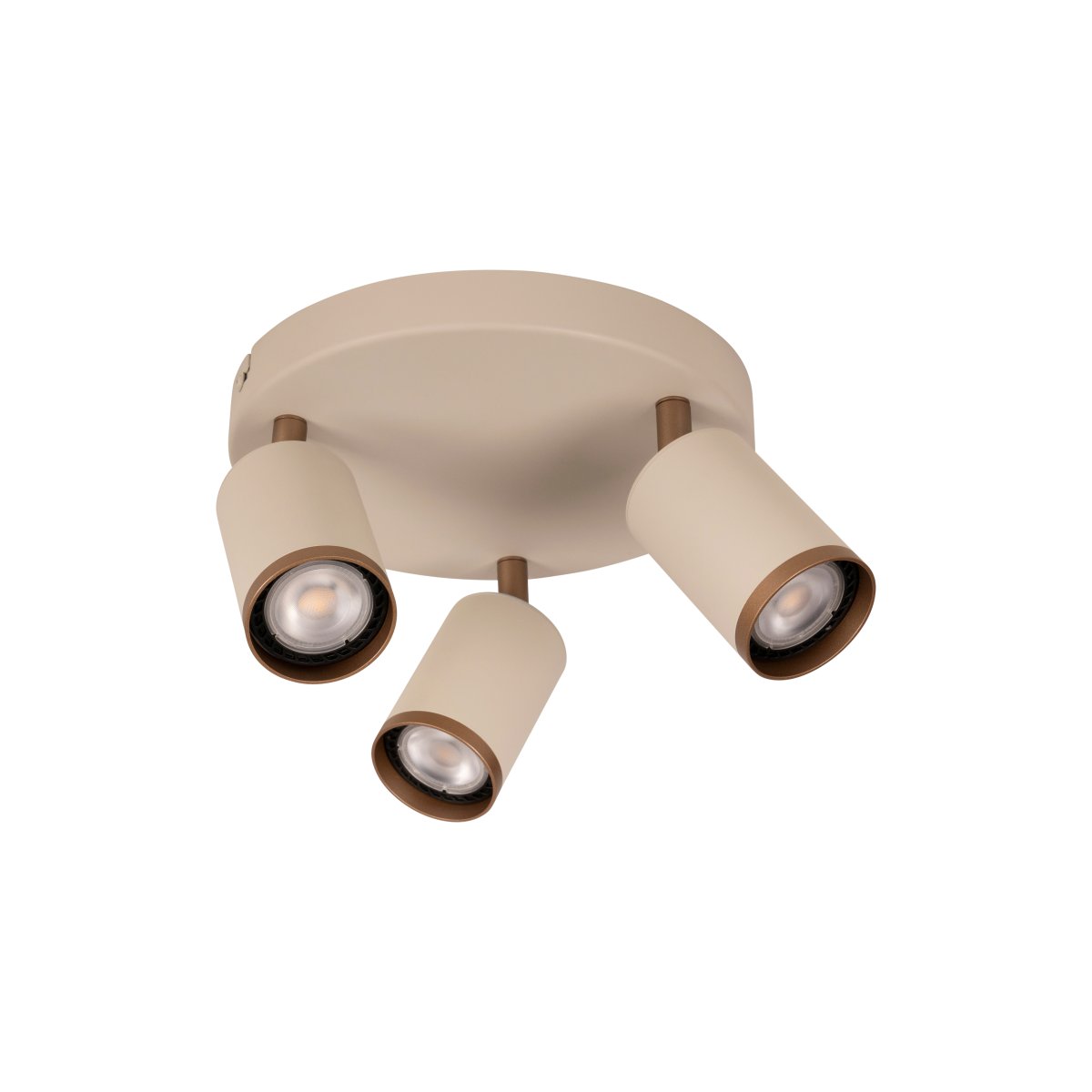 Regina 3 Taupe spot De Lucide - Le plafonnier Regina est une solution d'&eacute;clairage &eacute;l&eacute;gante et moderne en m&eacute;tal, avec une finition taupe raffin&eacute;e et des d&eacute;tails en m&eacute;tal brun.