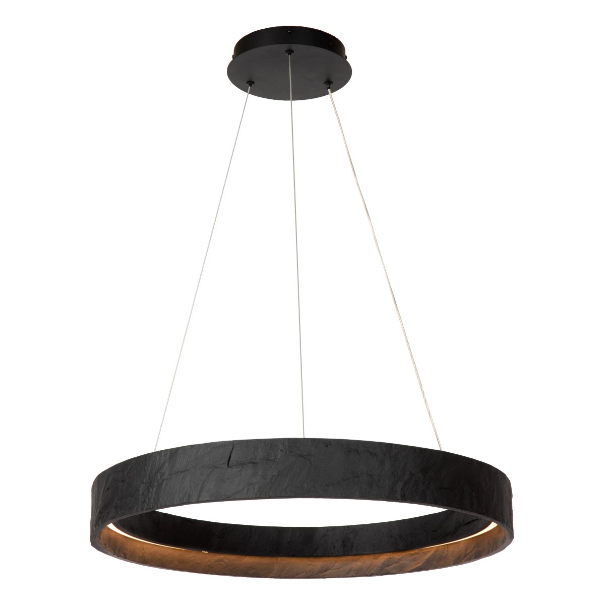 Adelante Ø60 Noir suspension De Lucide - Son abat-jour rond s&eacute;duit par sa texture irr&eacute;guli&egrave;re et vibrante, lui conf&eacute;rant un aspect exclusif et cr&eacute;ant l'illusion de la pierre naturelle.