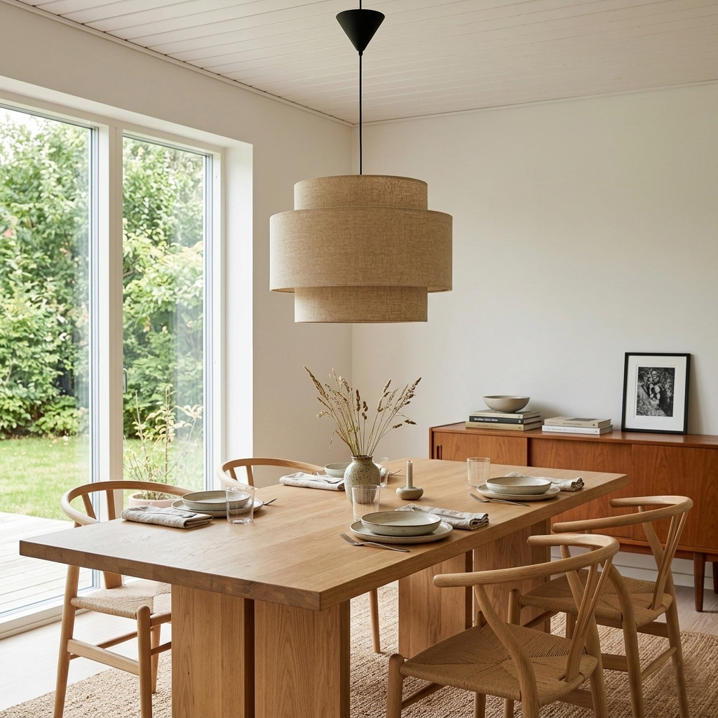 Hilma Ø55 Beige suspension De Cottex - Le tissu beige diffuse une lumi&egrave;re chaleureuse et accueillante, rendant Hilma polyvalente et facile &agrave; assortir &agrave; tout type de mobilier.