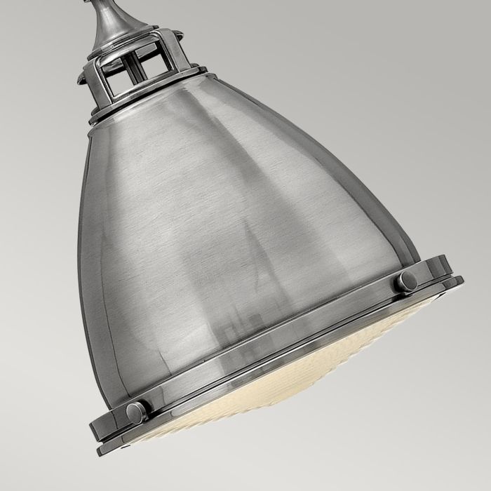 Amelia Ø32 Nickel antique suspension De Elstead Lighting - Kupolen har en etsad prismatisk bottenlins, och denna helmetalliska versionen i polerad antiknickel har en autentisk vintagelook.