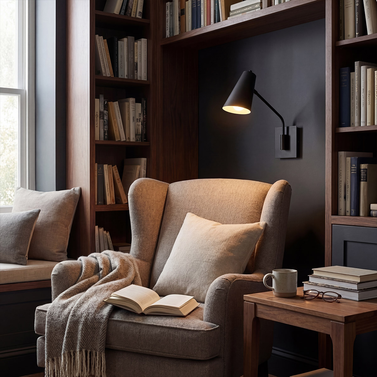 Bray 42cm Noir lampe de lecture De Elstead Lighting - Fine et &eacute;lanc&eacute;e, elle est id&eacute;ale comme lampe de chevet, lampe de canap&eacute; ou de fauteuil.