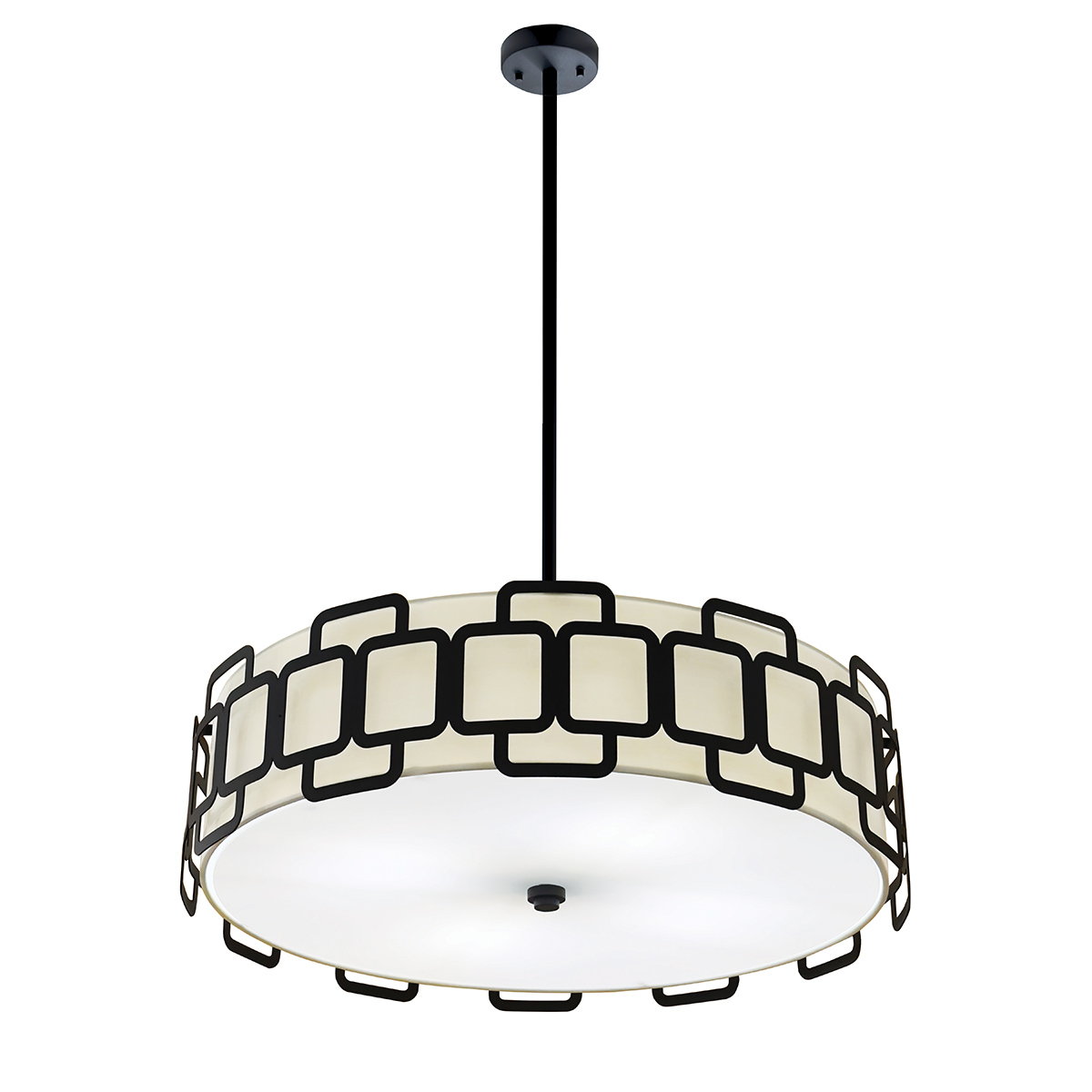 Sabina Ø57 Noir suspension De Elstead Lighting - Sa structure g&eacute;om&eacute;trique en acier noir dessine un motif raffin&eacute; autour de l'abat-jour en tissu couleur cr&egrave;me, lui conf&eacute;rant une allure r&eacute;solument moderne.