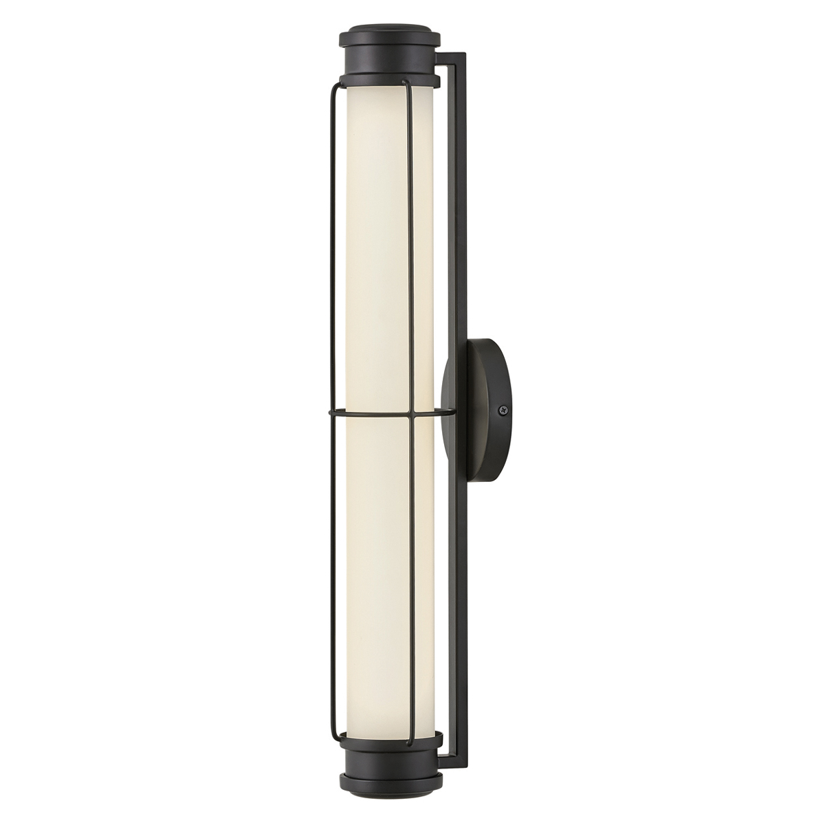 Saylor 60cm Noir lampe de salle de bain De Elstead Lighting - Fabriqu&eacute;e en m&eacute;tal noir mat, elle est dot&eacute;e d'un abat-jour allong&eacute; en verre opale qui diffuse une lumi&egrave;re douce et homog&egrave;ne.