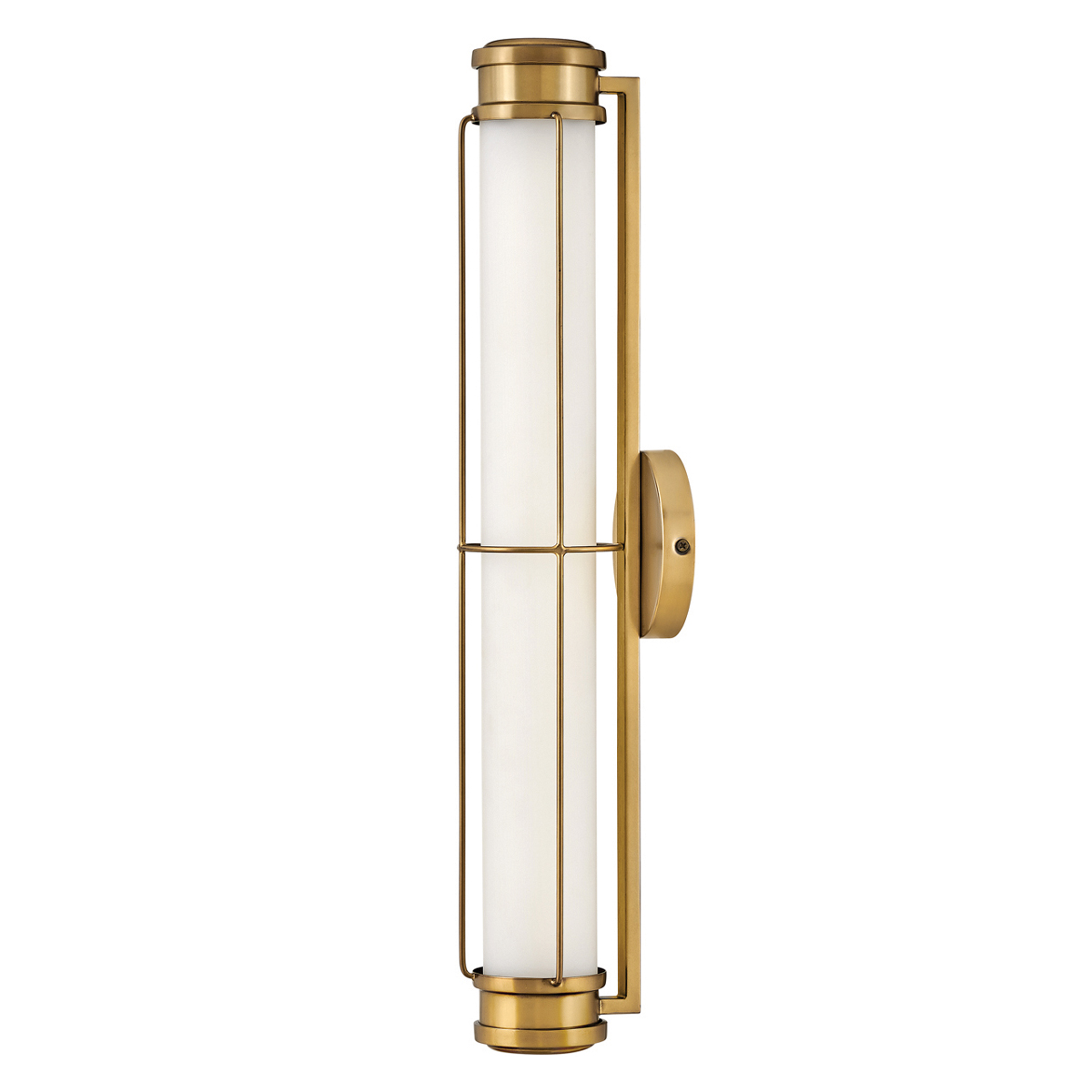Saylor 60cm Laiton lampe de salle de bain De Elstead Lighting - Fabriqu&eacute;e en m&eacute;tal avec une finition laiton chaleureuse, elle est dot&eacute;e d'un abat-jour allong&eacute; en verre opale qui diffuse une lumi&egrave;re douce et homog&egrave;ne.