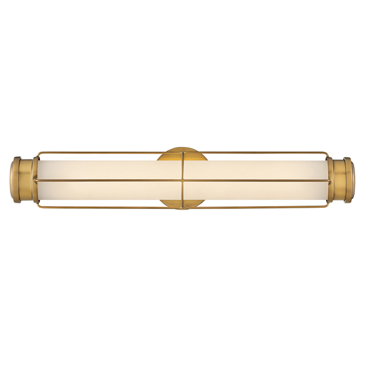 Saylor 60cm Laiton lampe de salle de bain De Elstead Lighting - Fabriqu&eacute;e en m&eacute;tal avec une finition laiton chaleureuse, elle est dot&eacute;e d'un abat-jour allong&eacute; en verre opale qui diffuse une lumi&egrave;re douce et homog&egrave;ne.