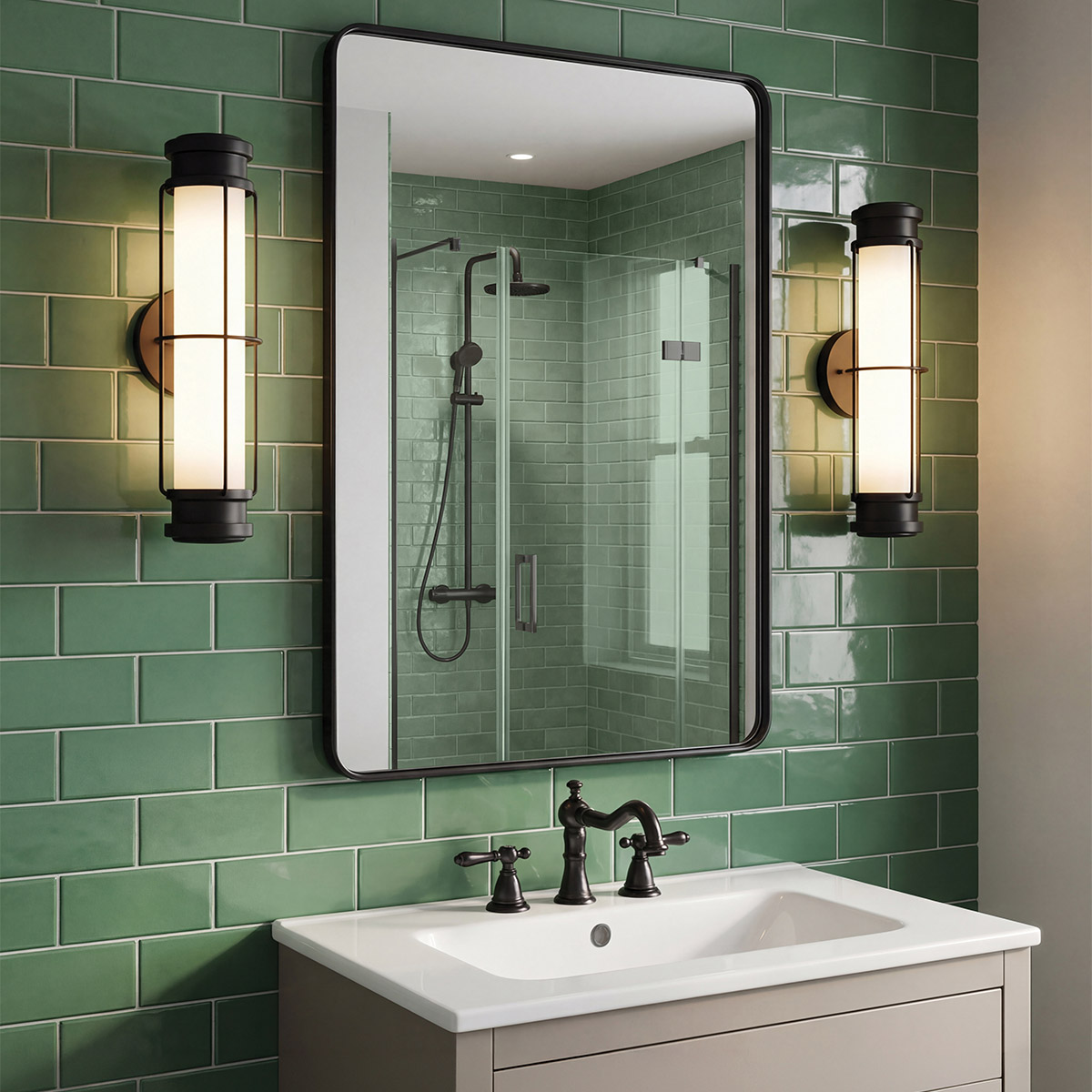 Saylor 43cm Noir lampe de salle de bain De Elstead Lighting - Fabriqu&eacute;e en m&eacute;tal noir mat, elle est dot&eacute;e d'un abat-jour allong&eacute; en verre opale qui diffuse une lumi&egrave;re douce et homog&egrave;ne.