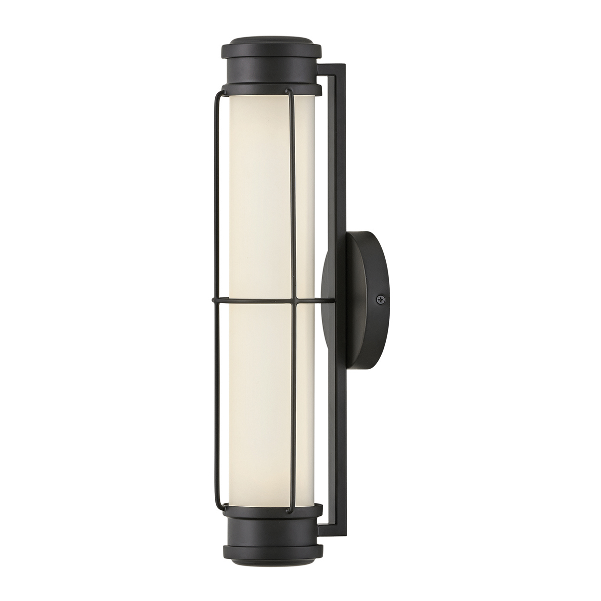 Saylor 43cm Noir lampe de salle de bain De Elstead Lighting - Fabriqu&eacute;e en m&eacute;tal noir mat, elle est dot&eacute;e d'un abat-jour allong&eacute; en verre opale qui diffuse une lumi&egrave;re douce et homog&egrave;ne.
