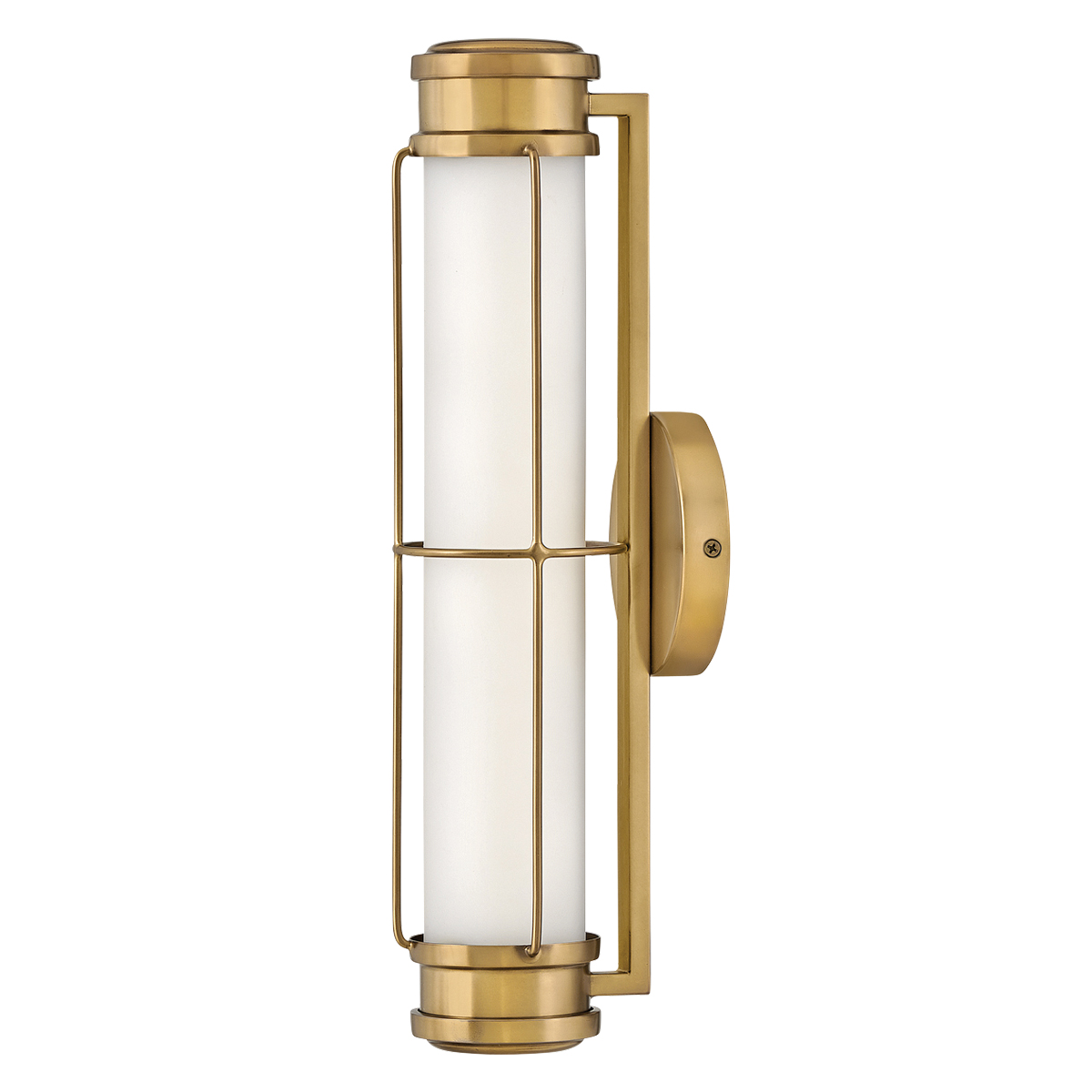 Saylor 43cm Laiton lampe de salle de bain De Elstead Lighting - Fabriqu&eacute;e en m&eacute;tal avec une finition laiton chaleureuse, elle est dot&eacute;e d'un abat-jour allong&eacute; en verre opale qui diffuse une lumi&egrave;re douce et homog&egrave;ne.