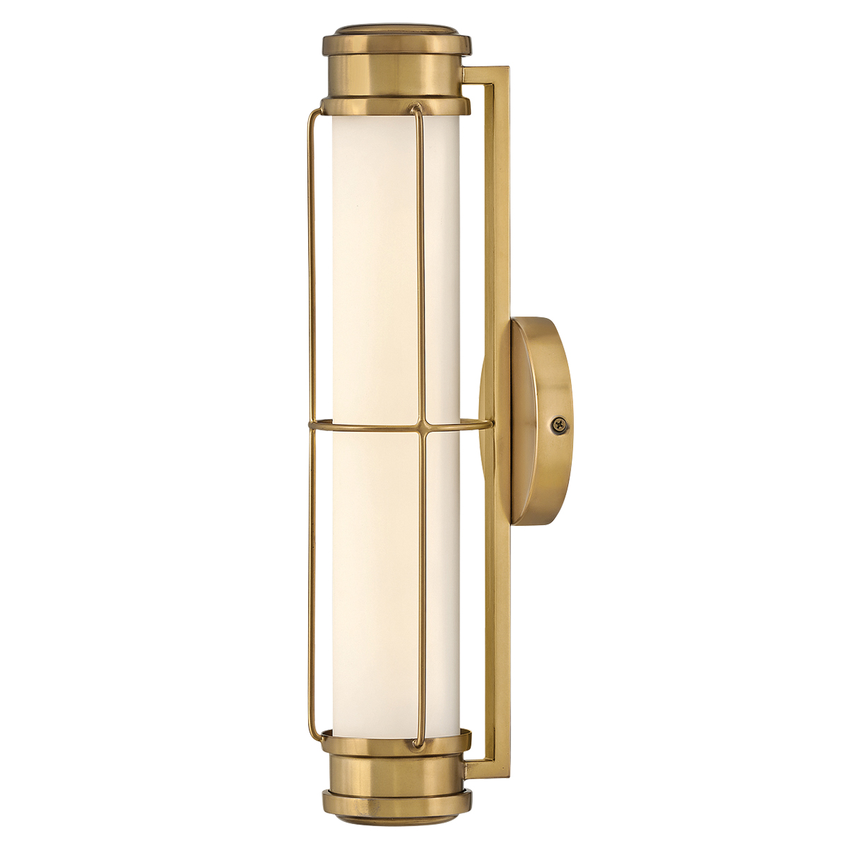 Saylor 43cm Laiton lampe de salle de bain De Elstead Lighting - Fabriqu&eacute;e en m&eacute;tal avec une finition laiton chaleureuse, elle est dot&eacute;e d'un abat-jour allong&eacute; en verre opale qui diffuse une lumi&egrave;re douce et homog&egrave;ne.