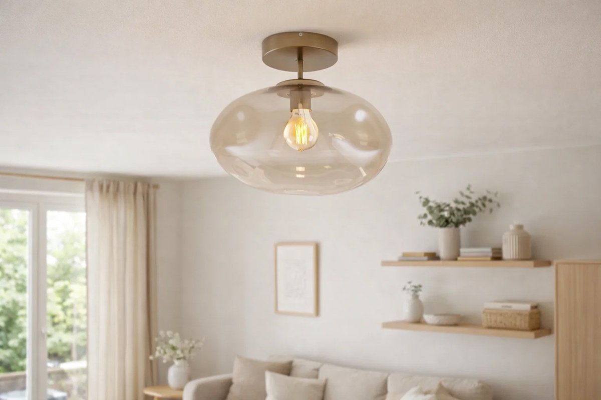 Iformo Ø35 Laiton brossé/ambre plafonnier De Nordic Lighting - Il en r&eacute;sulte un plafonnier d&eacute;coratif qui diffuse agr&eacute;ablement la lumi&egrave;re, cr&eacute;ant une ambiance chaleureuse et accueillante.