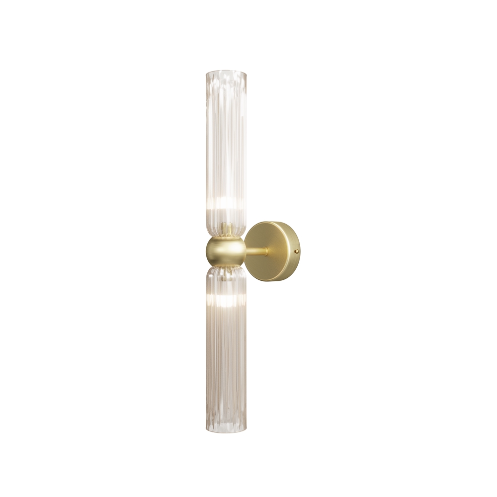 Antic 44cm Brandy applique murale De Maytoni - Ses doubles abat-jour en verre couleur cognac s'associent &agrave; un &eacute;l&eacute;gant cadre effet dor&eacute;, cr&eacute;ant un &eacute;quilibre harmonieux entre design moderne et charme classique.
