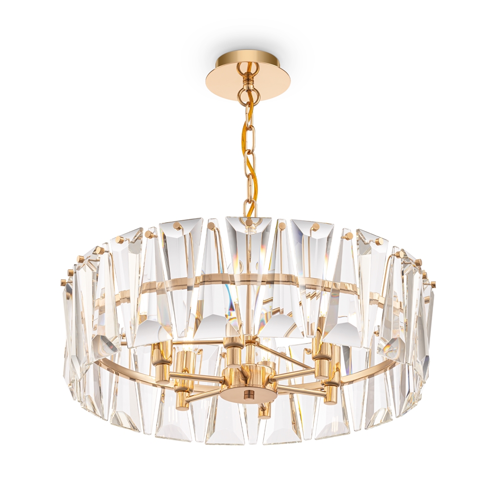 Puntes Ø52 Or cristal De Maytoni - Puntes est un &eacute;l&eacute;gant lustre de plafond en m&eacute;tal dor&eacute; avec des prismes scintillants qui entourent les sources lumineuses et cr&eacute;ent un jeu de lumi&egrave;re magique lorsque la lampe est allum&eacute;e.