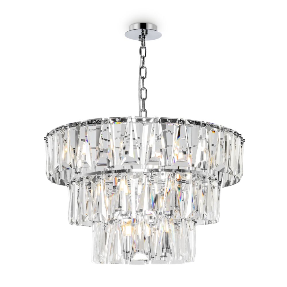Puntes Ø77 Chrome cristal De Maytoni - Puntes est un &eacute;l&eacute;gant lustre de plafond en m&eacute;tal chrom&eacute; avec des prismes &eacute;tincelants qui entourent les sources lumineuses et cr&eacute;ent un jeu de lumi&egrave;re magique lorsque la lampe est allum&eacute;e.