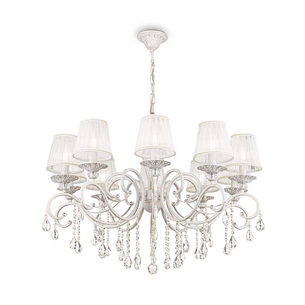 Grace Ø85 Blanc suspension De Maytoni - Les &eacute;l&eacute;gants abat-jour textiles, associ&eacute;s &agrave; des prismes scintillants, offrent une lumi&egrave;re douce et agr&eacute;able et une atmosph&egrave;re romantique.