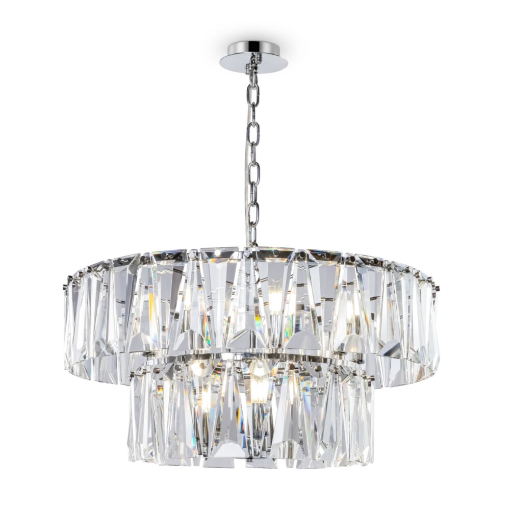 Puntes Ø68 Chrome cristal De Maytoni - Puntes est un &eacute;l&eacute;gant lustre de plafond en m&eacute;tal chrom&eacute; avec des prismes &eacute;tincelants qui entourent les sources lumineuses et cr&eacute;ent un jeu de lumi&egrave;re magique lorsque la lampe est allum&eacute;e.