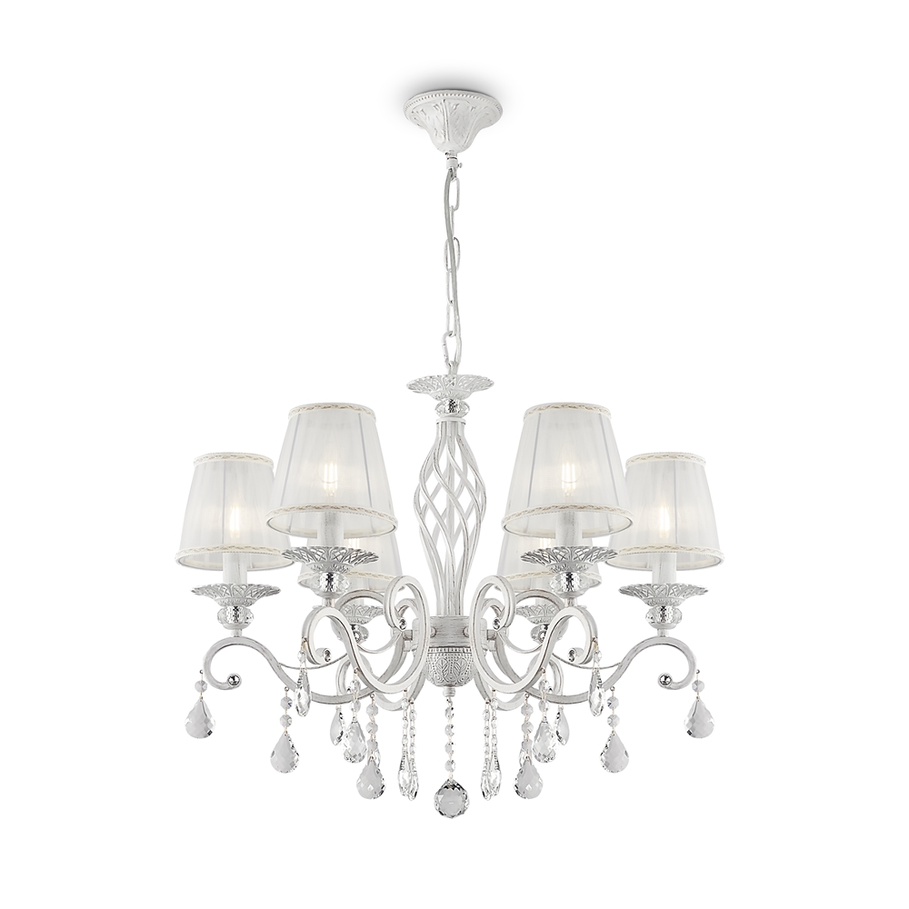 Grace Ø65 Blanc suspension De Maytoni - Les &eacute;l&eacute;gants abat-jour textiles, associ&eacute;s &agrave; des prismes scintillants, offrent une lumi&egrave;re douce et agr&eacute;able et une atmosph&egrave;re romantique.