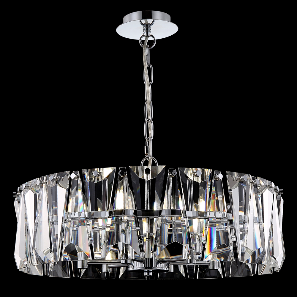 Puntes Ø52 Chrome cristal De Maytoni - Puntes est un &eacute;l&eacute;gant lustre de plafond en m&eacute;tal chrom&eacute; avec des prismes &eacute;tincelants qui entourent les sources lumineuses et cr&eacute;ent un jeu de lumi&egrave;re magique lorsque la lampe est allum&eacute;e.