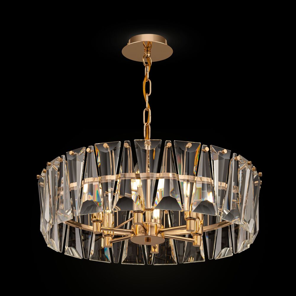 Puntes Ø52 Or cristal De Maytoni - Puntes est un &eacute;l&eacute;gant lustre de plafond en m&eacute;tal dor&eacute; avec des prismes scintillants qui entourent les sources lumineuses et cr&eacute;ent un jeu de lumi&egrave;re magique lorsque la lampe est allum&eacute;e.