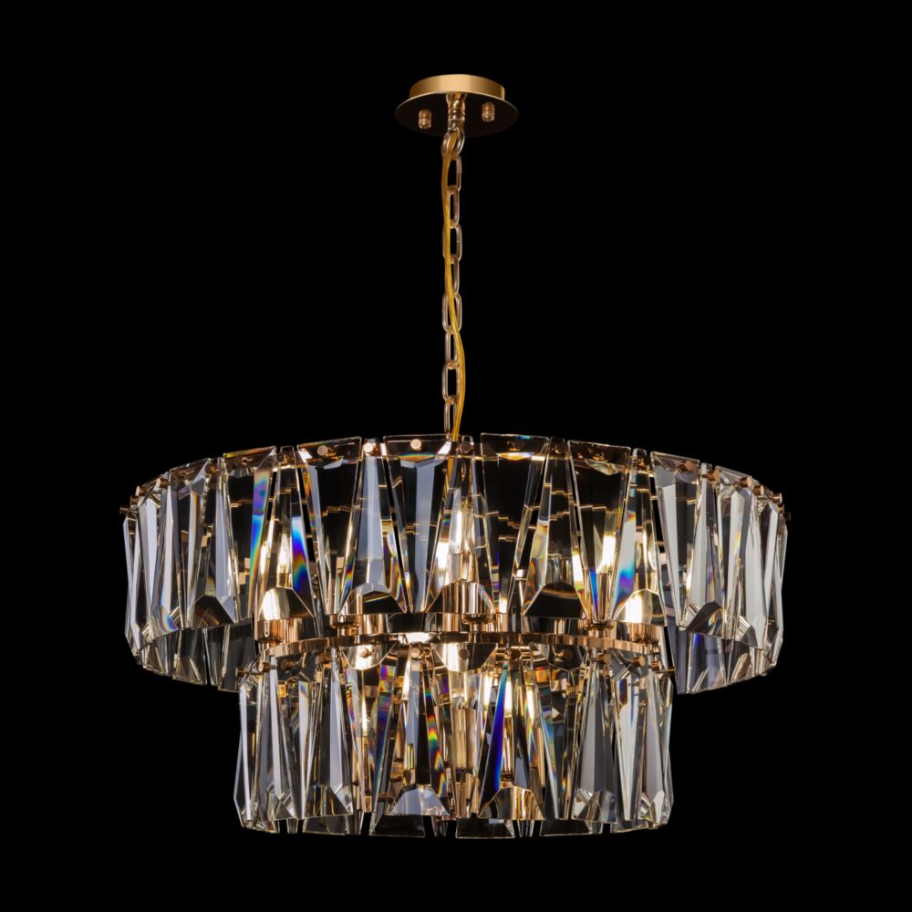 Puntes Ø68 Or cristal De Maytoni - Puntes est un &eacute;l&eacute;gant lustre de plafond en m&eacute;tal dor&eacute; avec des prismes scintillants qui entourent les sources lumineuses et cr&eacute;ent un jeu de lumi&egrave;re magique lorsque la lampe est allum&eacute;e.