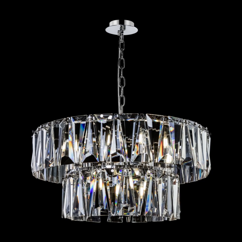 Puntes Ø68 Chrome cristal De Maytoni - Puntes est un &eacute;l&eacute;gant lustre de plafond en m&eacute;tal chrom&eacute; avec des prismes &eacute;tincelants qui entourent les sources lumineuses et cr&eacute;ent un jeu de lumi&egrave;re magique lorsque la lampe est allum&eacute;e.