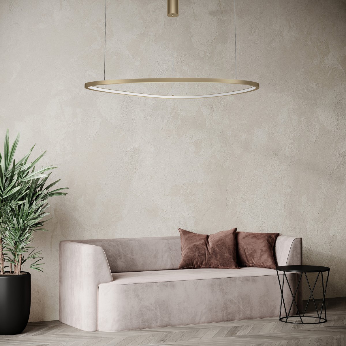 Glint Ø80 Laiton suspension De Maytoni - Le cadre en laiton élégant et rond est suspendu avec élégance à des fils fins et donne l'impression de flotter, créant une sensation de légèreté et d'espace dans votre maison.
