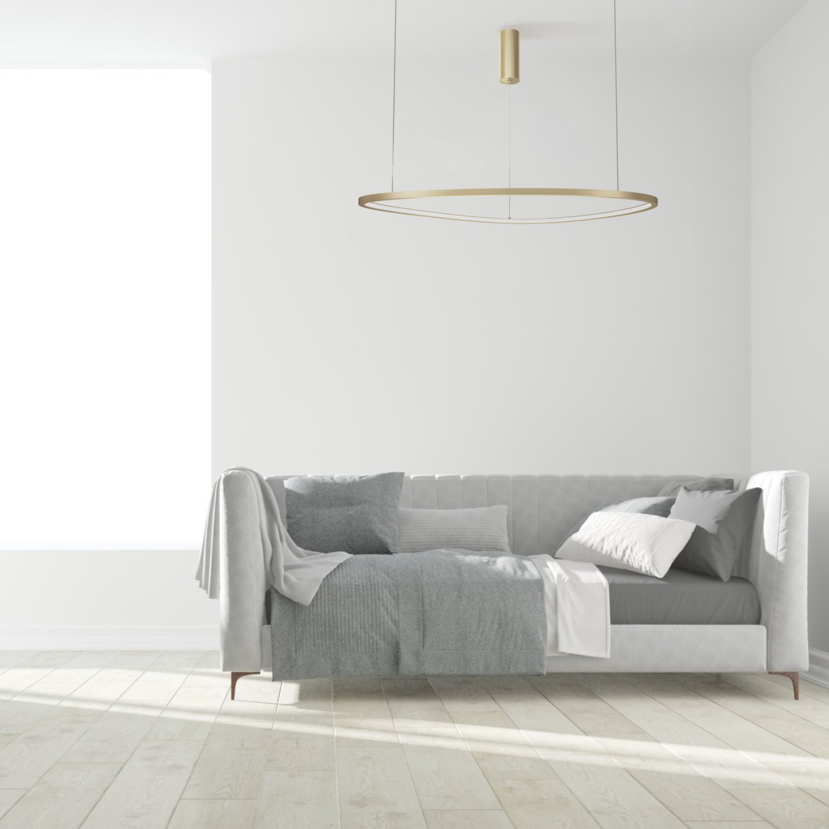 Glint Ø80 Laiton suspension De Maytoni - Le cadre en laiton élégant et rond est suspendu avec élégance à des fils fins et donne l'impression de flotter, créant une sensation de légèreté et d'espace dans votre maison.