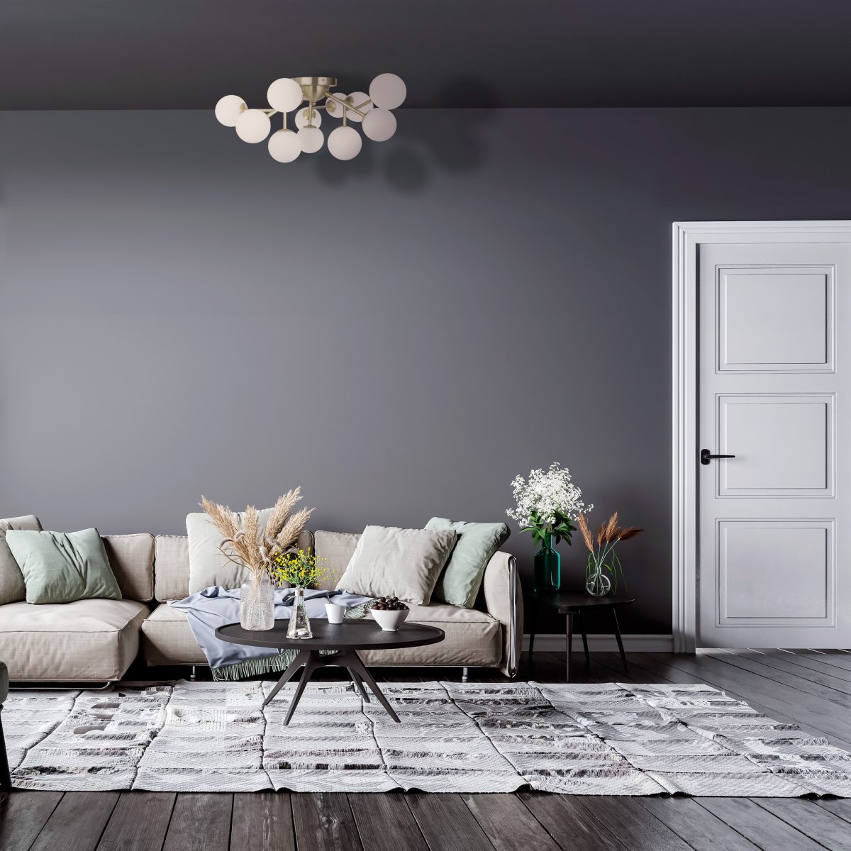 Dallas Ø60 Or plafonnier De Maytoni - Sa structure m&eacute;tallique sophistiqu&eacute;e, associ&eacute;e &agrave; ses globes en verre opale blanc, en fait un v&eacute;ritable accroche-regard, id&eacute;al pour les grands espaces comme les salons ou les salles &agrave; manger.