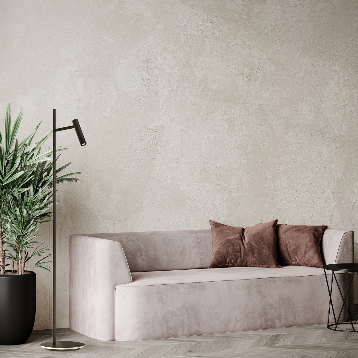 Estudo Noir lampadaire De Maytoni - La forme minimaliste et la base élégante avec bord lumineux intégré font d'Estudo un ajout polyvalent et élégant à la maison et au bureau.