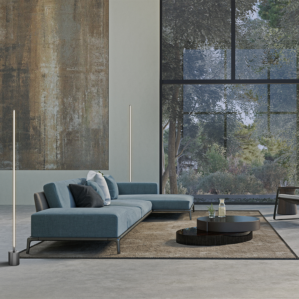 Flow Noir lampadaire De Maytoni - Avec sa forme fine et droite et son &eacute;clairage LED cach&eacute;, il fournit une lumi&egrave;re douce et subtile qui cr&eacute;e une atmosph&egrave;re calme.