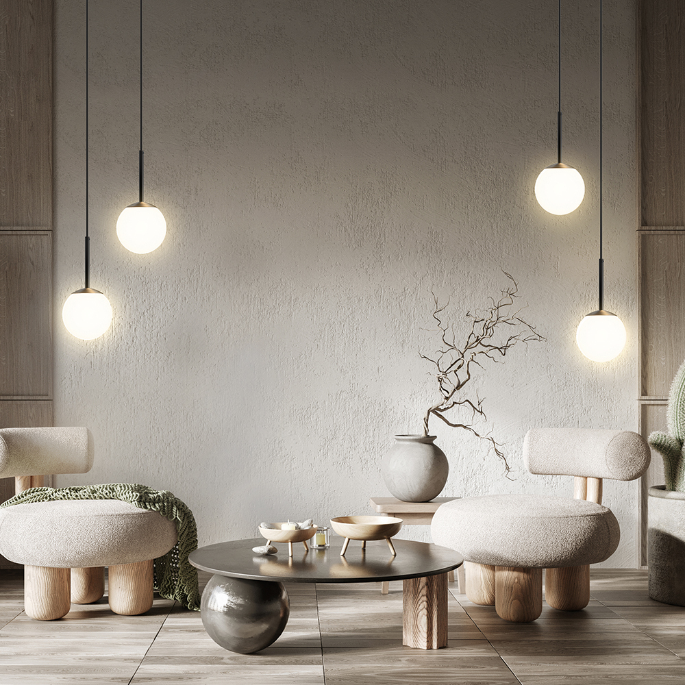 Basic form Ø15 Noir suspension De Maytoni - Avec son globe en verre opale doux et son boîtier métallique fin en finition noire, la lampe offre une lumière belle et agréable qui s'intègre parfaitement dans les styles d'intérieur modernes et classiques.