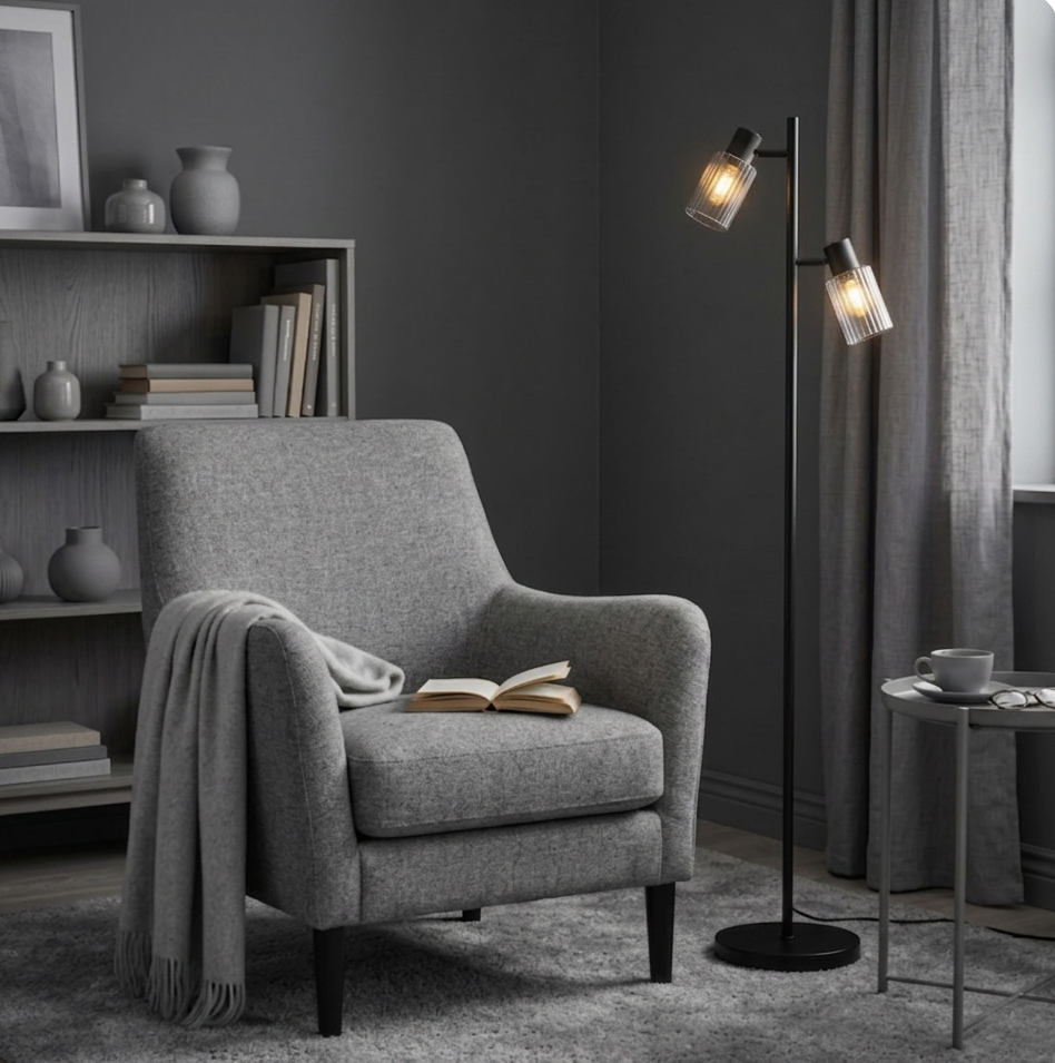 Kiera 2 Noir/Fumé lampadaire De Cottex - Les abat-jour en forme de croix sont orientables pour diriger la lumi&egrave;re et cr&eacute;er une ambiance particuli&egrave;re dans la pi&egrave;ce.