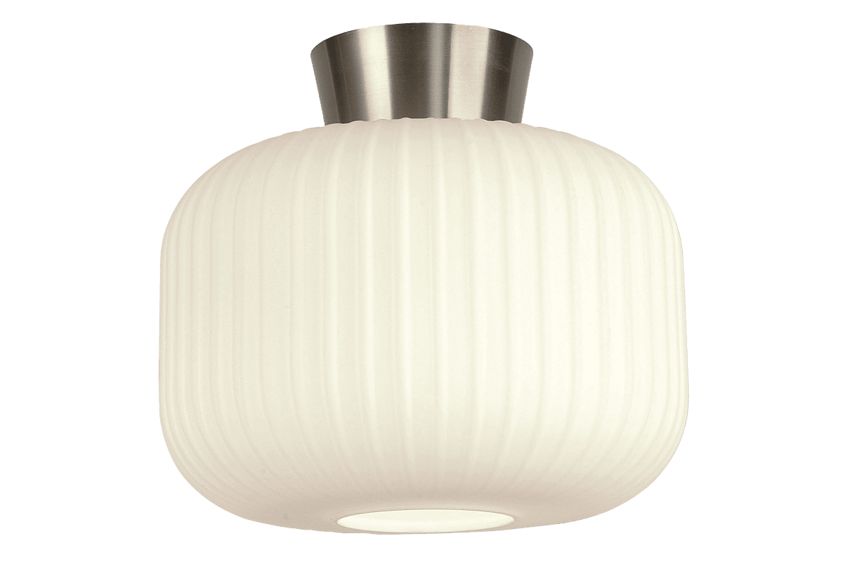  Vanja Ø28 Blanc/acier plafonnier De Aneta Lighting - Le verre blanc diffuse une lumi&egrave;re uniforme et agr&eacute;able, tandis que la rosace de plafond aspect acier apporte une touche d'&eacute;l&eacute;gance et conf&egrave;re &agrave; la lumi&egrave;re une douce chaleur.