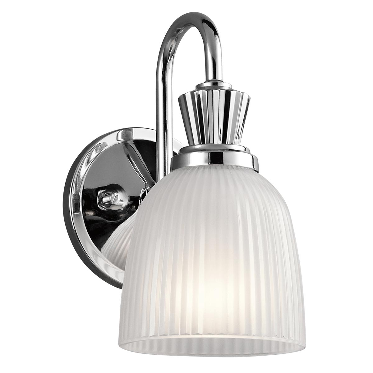 Cora Ø13 Chrome poli lampe de salle de bain De Elstead Lighting - Le verre en forme de cloche avec des d&eacute;tails nervur&eacute;s et un int&eacute;rieur grav&eacute; flotte magnifiquement sur le cadre avec une finition chrom&eacute;e polie, cr&eacute;ant une source de lumi&egrave;re sophistiqu&eacute;e et &eacute;l&eacute;gante pour les environnements de salle de bain.
