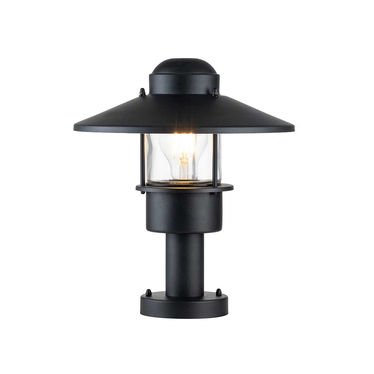 Klampenborg 32cm Noir De Elstead Lighting - Tillverkad av rostfritt st&aring;l i svart finish och glas, erbjuder den en robust konstruktion som st&aring;r emot v&auml;der och vind.