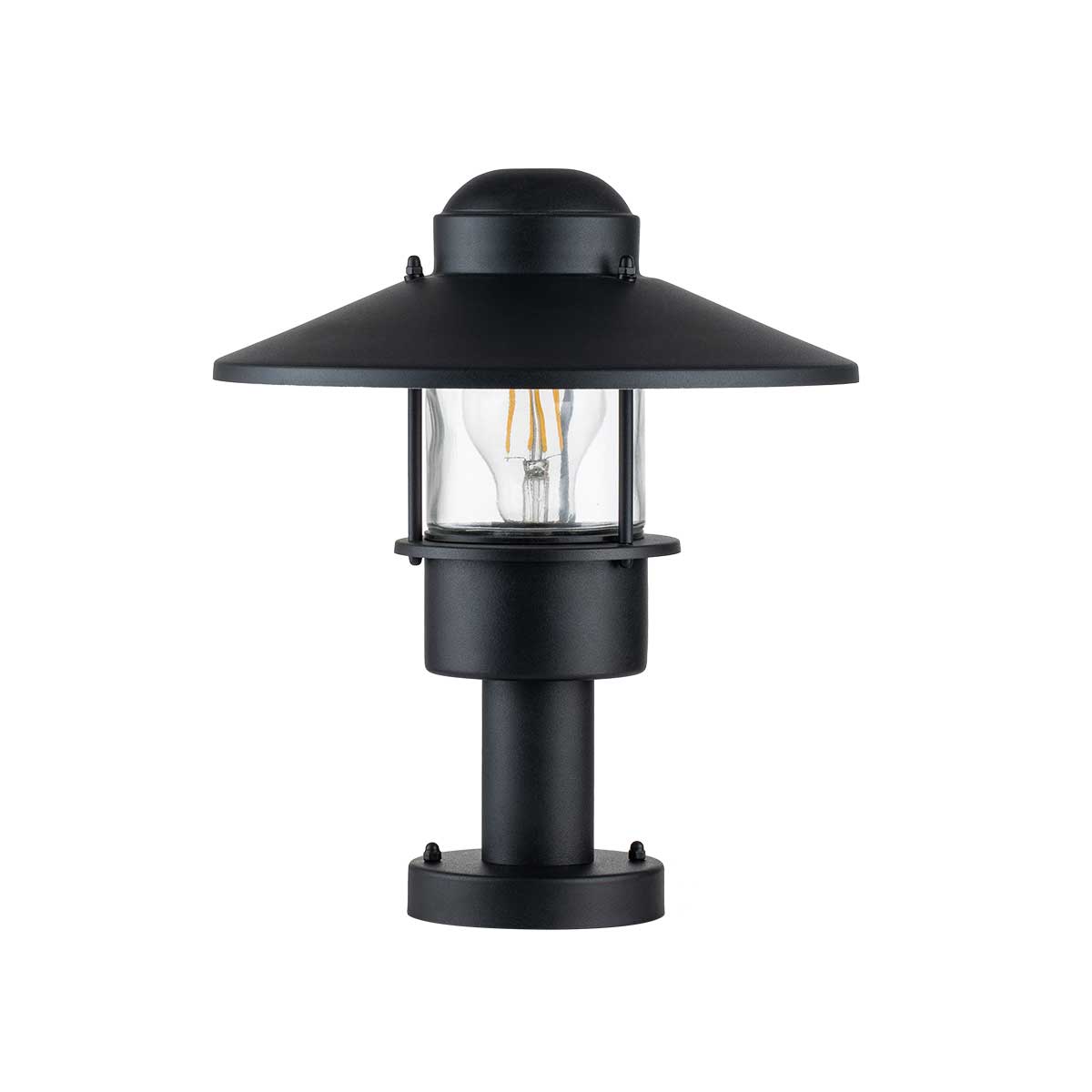 Klampenborg 32cm Noir De Elstead Lighting - Tillverkad av rostfritt st&aring;l i svart finish och glas, erbjuder den en robust konstruktion som st&aring;r emot v&auml;der och vind.