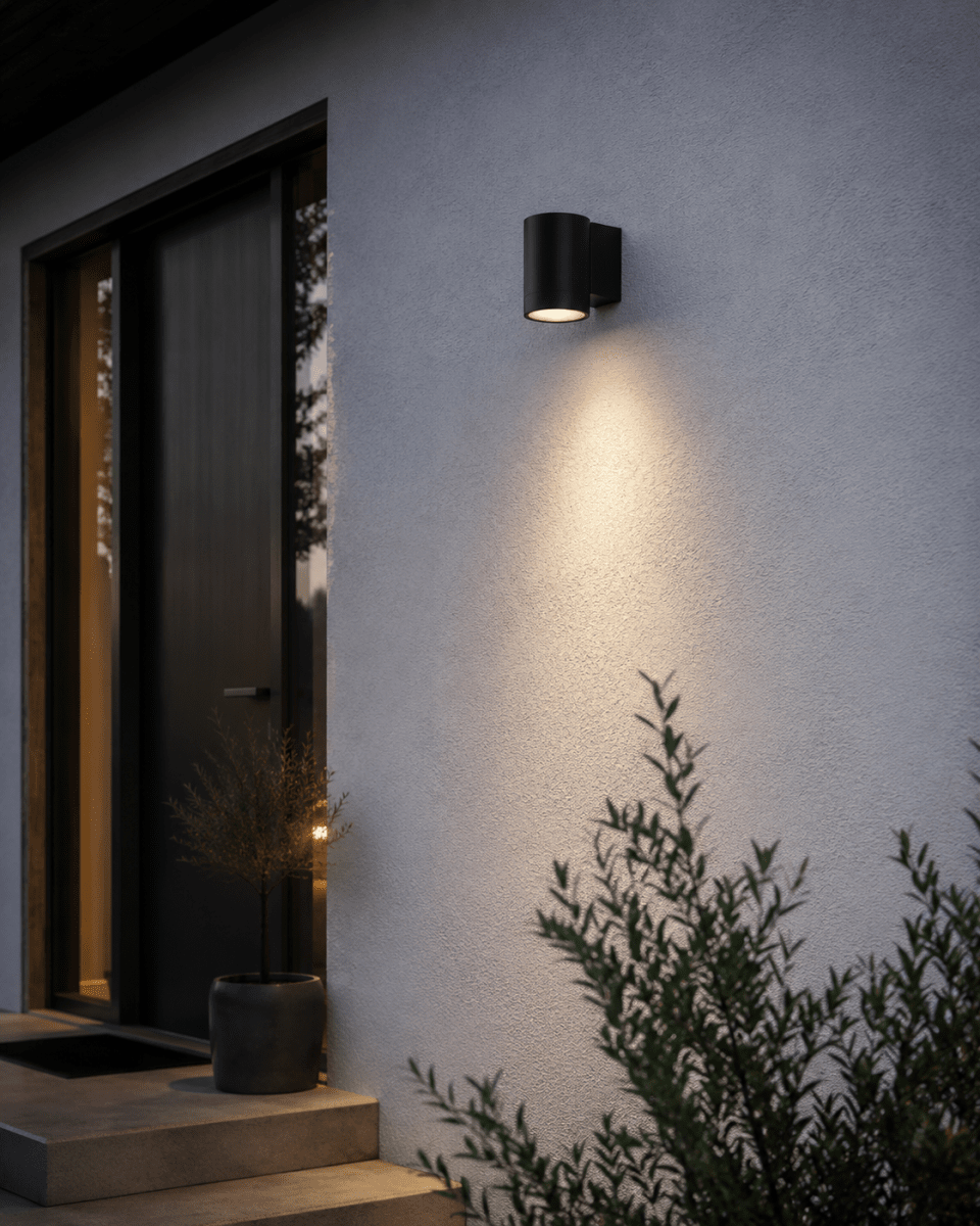 Oden Single Noir lampe d’extérieur De Lampan - Lampan lyser fint ner p&aring; v&auml;ggen och skapar en h&auml;rlig atmosf&auml;r.