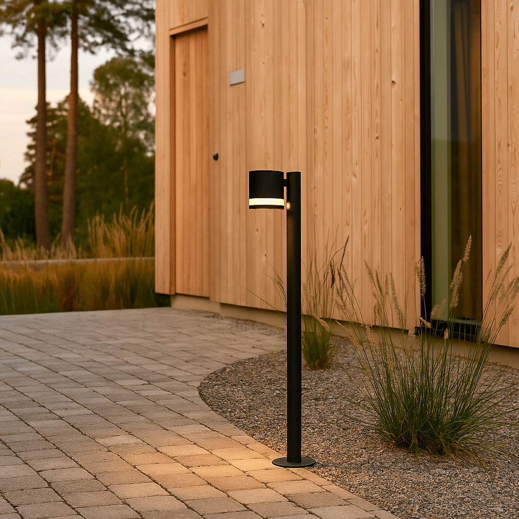 Karlshamn 80cm Noir bornes De Nordic Lighting - Elle diffuse une douce lumi&egrave;re vers le bas, tout en filtrant par l'ouverture, cr&eacute;ant une lumi&egrave;re subtile et diffuse.