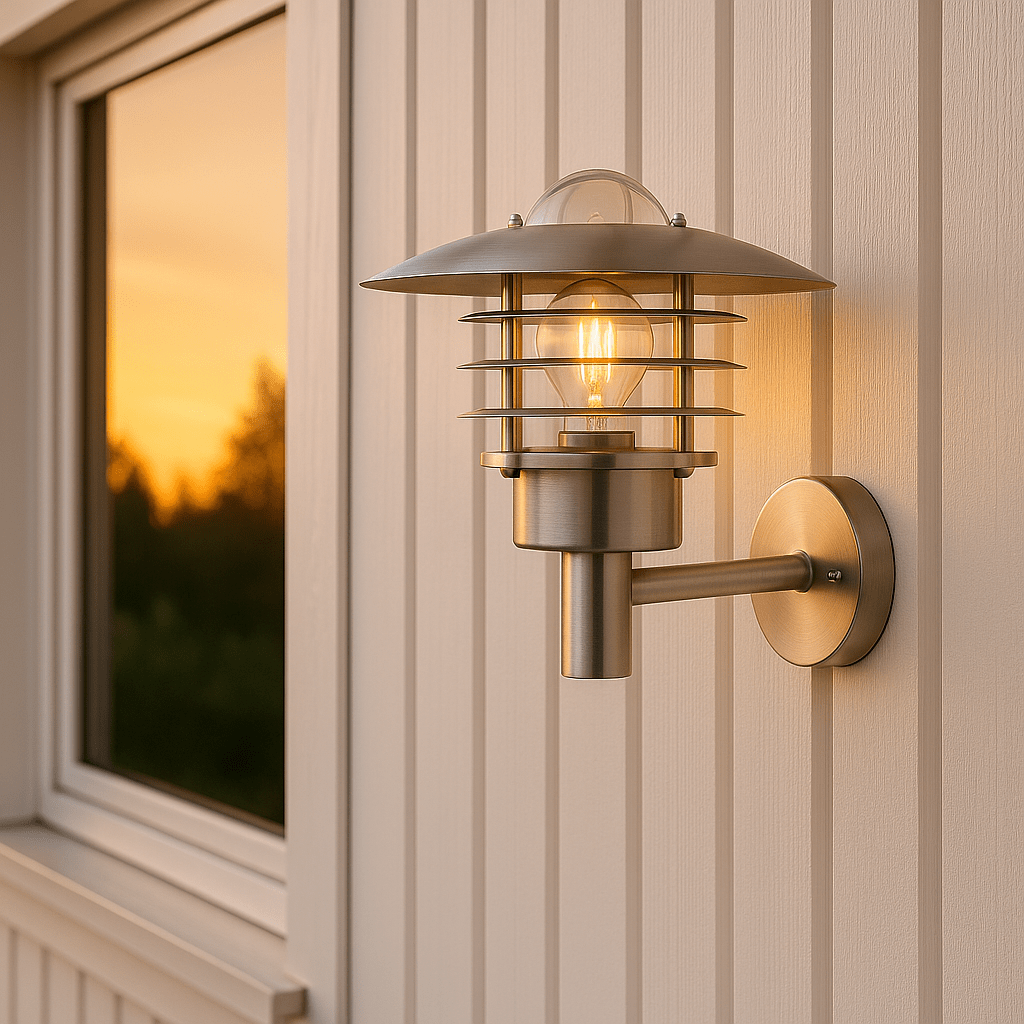 Kalmar Acier brossé lampe d’extérieur De Nordic Lighting - L'applique murale Kalmar est un luminaire d'extérieur classique et élégant, fabriqué en aluminium et verre transparent.