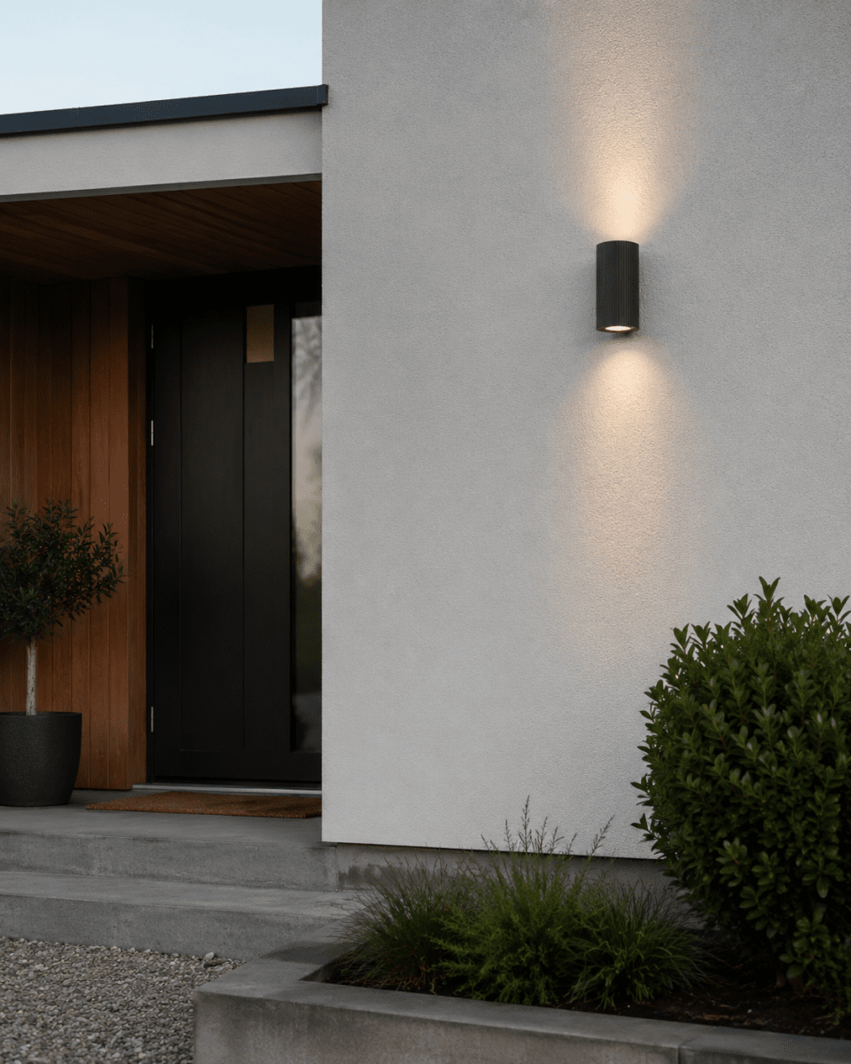 Freja Duo Anthracite lampe d’extérieur De Lampan - Fabriqu&eacute;e en m&eacute;tal laqu&eacute; anthracite &agrave; la texture c&ocirc;tel&eacute;e d&eacute;corative, la lampe d&eacute;gage un style &agrave; la fois vibrant et exclusif.