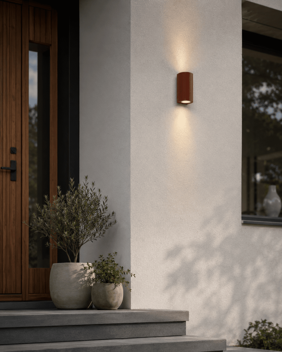 Freja Duo Rouiller lampe d’extérieur De Lampan - Fabriqu&eacute;e en m&eacute;tal finition orange rouille et texture c&ocirc;tel&eacute;e d&eacute;corative, la lampe arbore un style unique et raffin&eacute;.