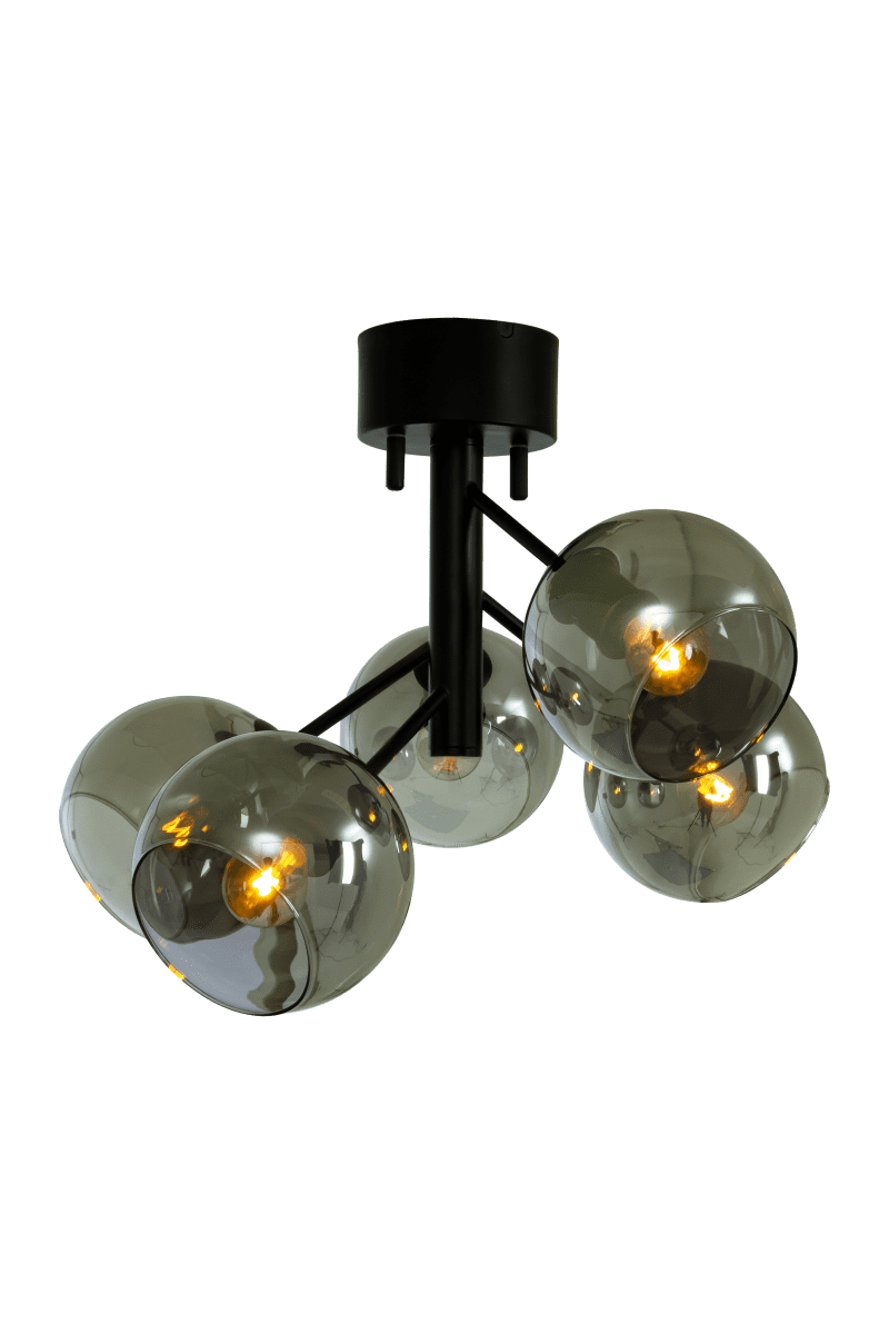 Atom Ø48 Gris fumé plafonnier De Aneta Lighting - Atom est un plafonnier moderne avec cinq magnifiques d&ocirc;mes en verre fum&eacute; plac&eacute;s &agrave; diff&eacute;rentes hauteurs, cr&eacute;ant un magnifique look asym&eacute;trique.