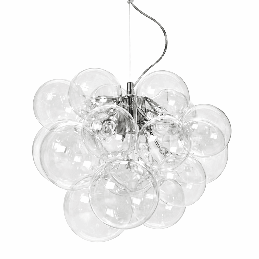 Lustro Ø40 Transparent suspension De By Rydéns - Lustro est une suspension d&eacute;corative et &eacute;l&eacute;gante en m&eacute;tal chrom&eacute;, compos&eacute;e de plusieurs abat-jour en verre transparent dispos&eacute;s en grappe.
