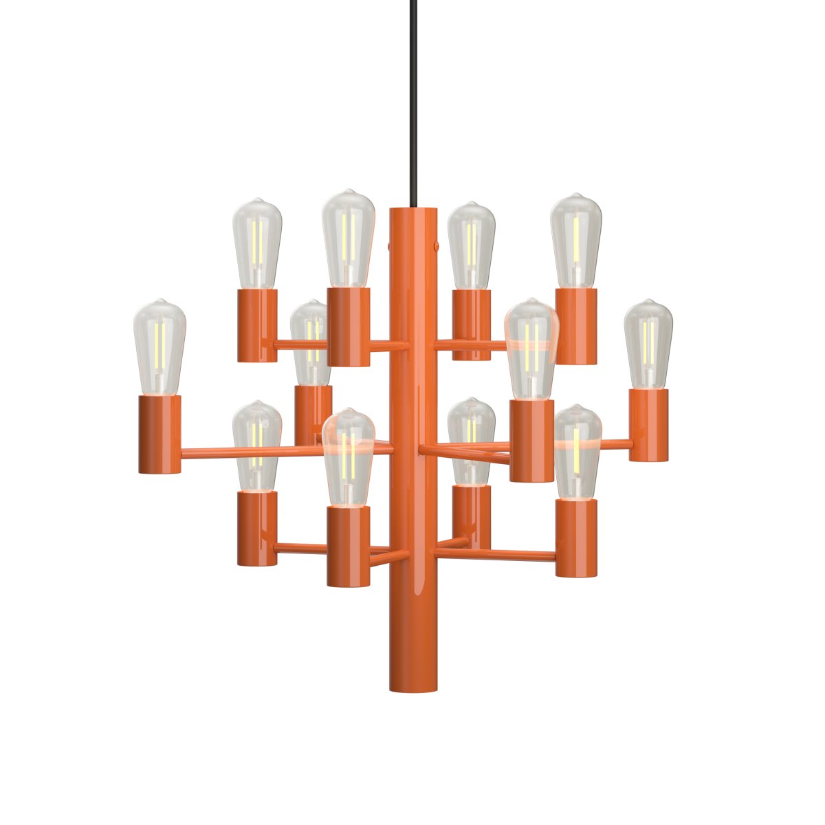  Manola 12 mini Ø45 Orange suspension De Herstal - Ses douze sources lumineuses, disposées à différentes hauteurs, créent un faisceau de lumière uniforme et harmonieux, tandis que sa structure ajourée apporte une touche de légèreté.