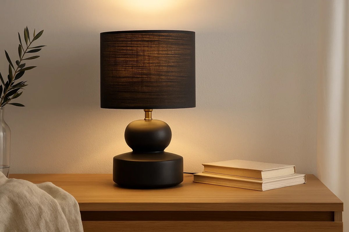 Muschi 36cm Noir lampe de table De Nordic Lighting - La lampe de table noire &laquo;&nbsp;Pussy&nbsp;&raquo; est dot&eacute;e d'un pied en c&eacute;ramique moderne aux formes d&eacute;licatement arrondies et d'un abat-jour en lin assorti.