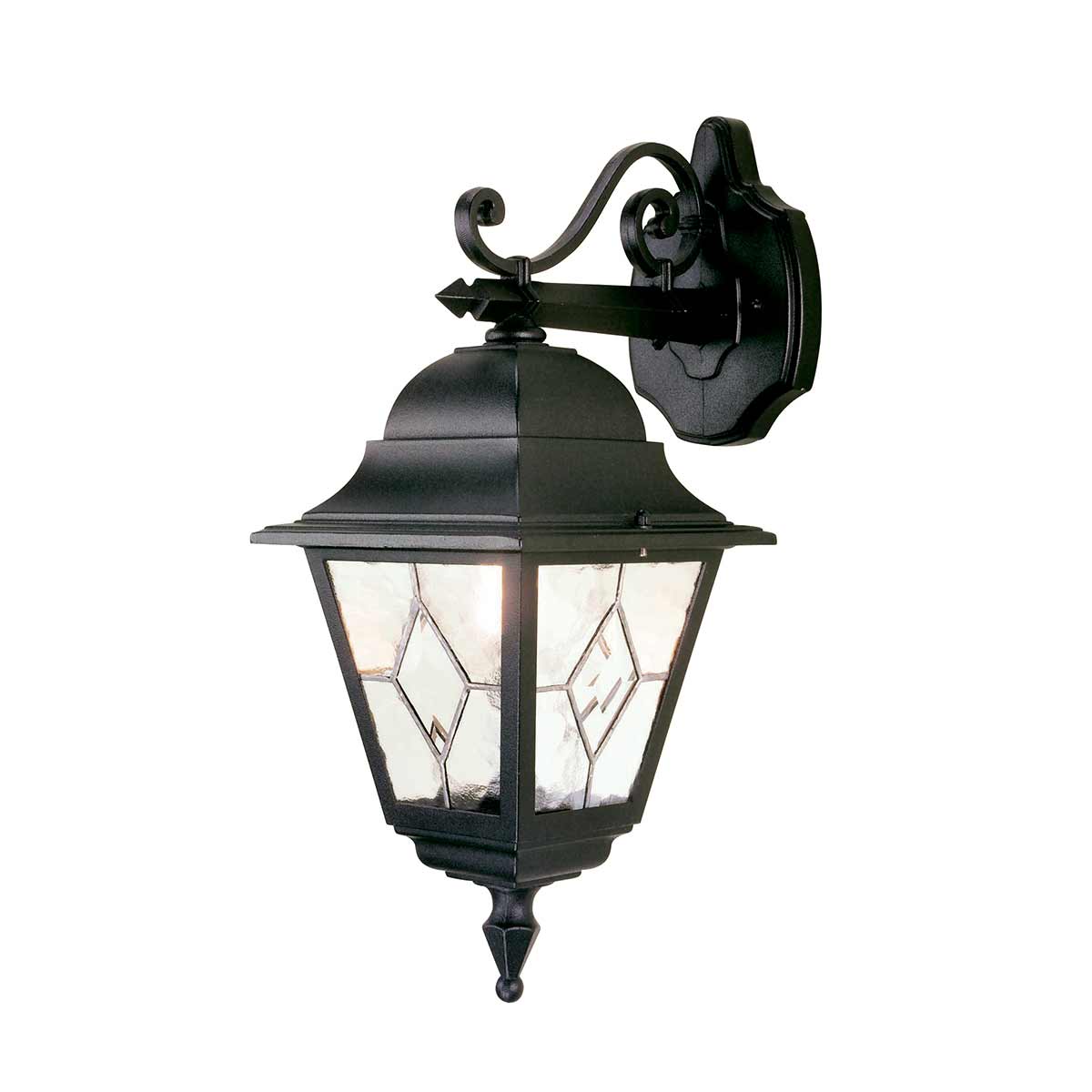 Norfolk Noir lampe d’extérieur De Elstead Lighting - Il est fabriqu&eacute; en aluminium moul&eacute; et en verre plomb&eacute; et allie durabilit&eacute; et esth&eacute;tique.