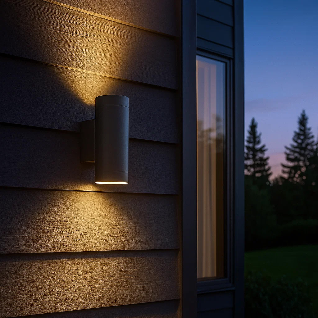 Oden Duo Anthracite lampe d’extérieur De Lampan - Lampan lyser fint b&aring;de upp och ner p&aring; v&auml;ggen.