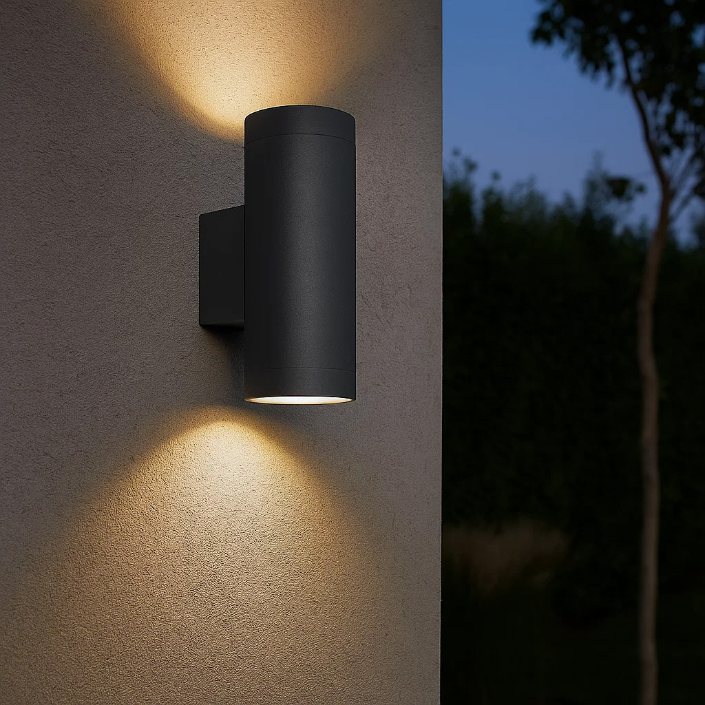 Oden Duo Anthracite lampe d’extérieur De Lampan - Lampan lyser fint b&aring;de upp och ner p&aring; v&auml;ggen.