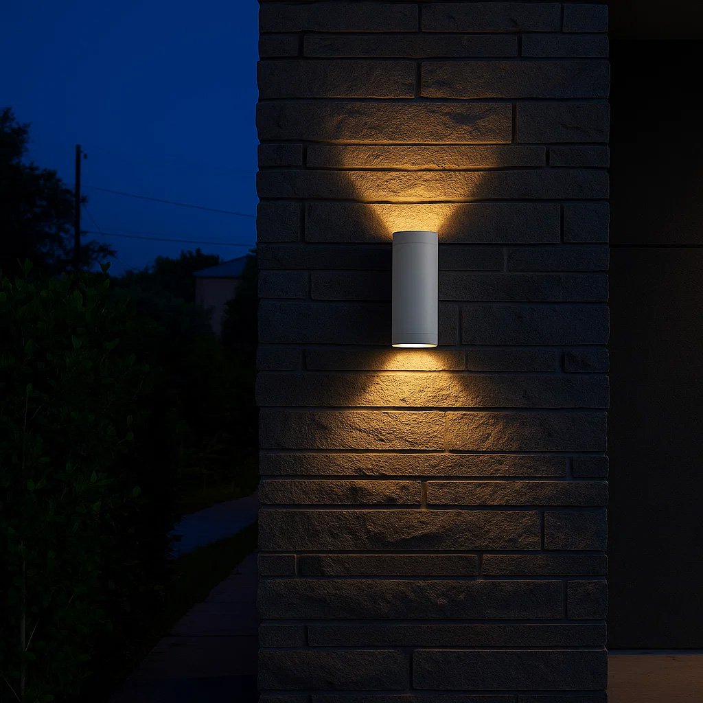 Oden Duo Blanc lampe d’extérieur De Lampan - Lampan lyser fint b&aring;de upp och ner p&aring; v&auml;ggen.