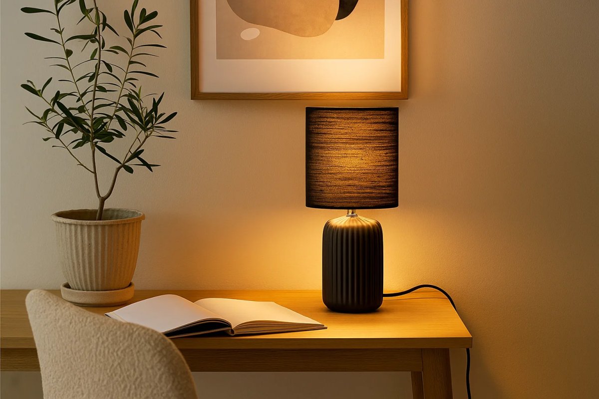 Palizzo 33cm Noir lampe de table De Nordic Lighting - La lampe de table Palizzo noire est dot&eacute;e d'un &eacute;l&eacute;gant pied en c&eacute;ramique aux &eacute;l&eacute;gantes rainures et d'un abat-jour en lin assorti.